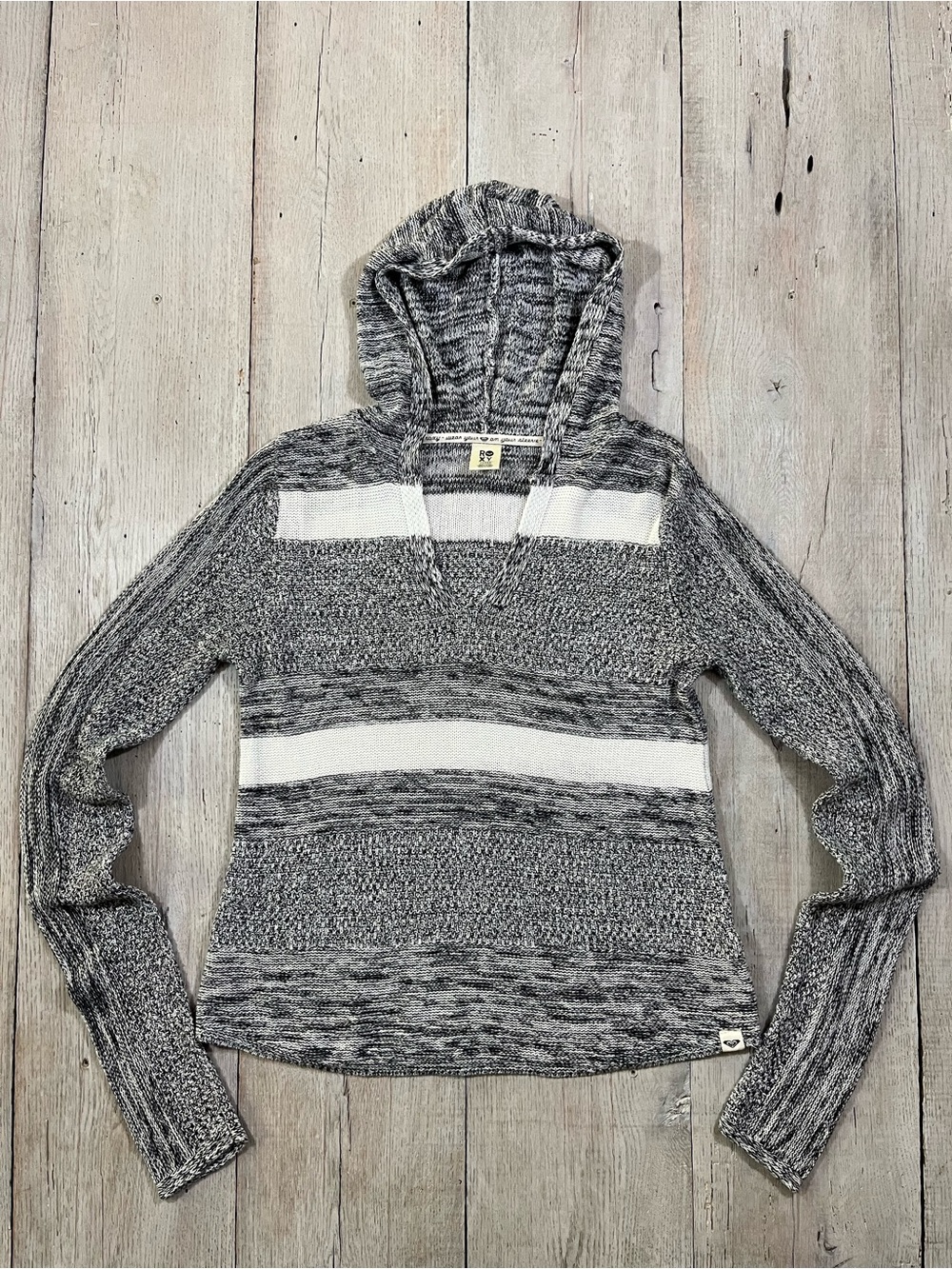 Roxy Gray White Striped V-neck Hooded Lightweight Knit Pullover Sweater Size L